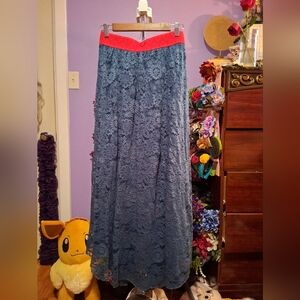 LuLaRoe Blue Lace Maxi Skirt with Red Waistband